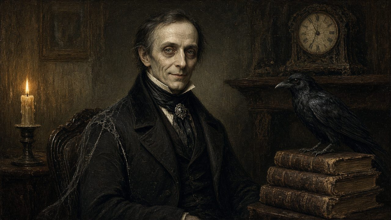 An oil painting of a gaunt Victorian gentleman in a black frock coat and cravat. A candle burns at his side and a raven perches on a stack of old books beside him.