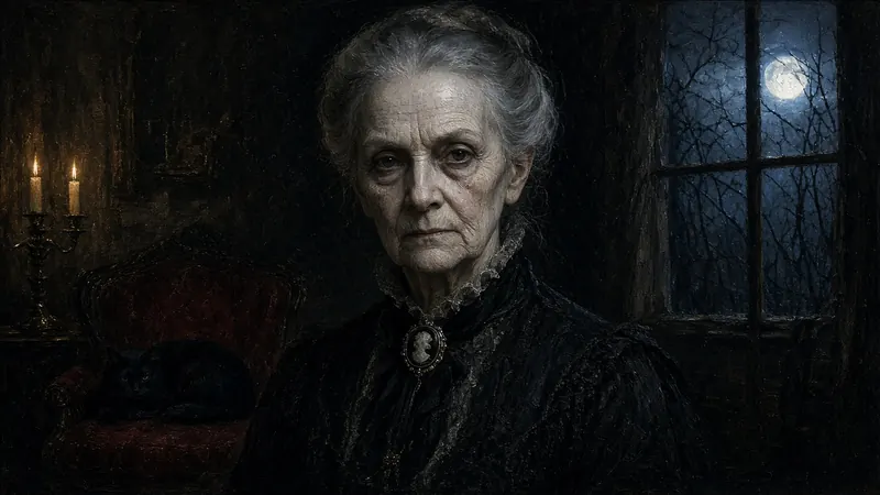 An elderly Victorian widow in black lace beside a moonlit window, a black cat curled on a velvet chair.